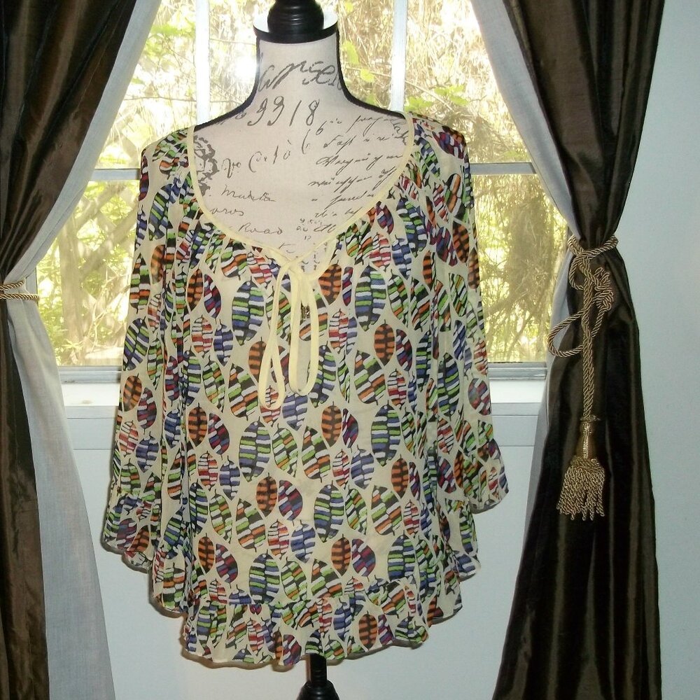 Peppe Peluso Sheer Feather Print Cape Top Women’s Size L Boho Ruffle Hem